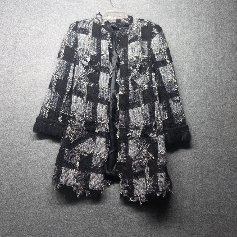 ZARA WOMAN Black White Plaid Tweed Fringe Coat Jacket XS Long Sleeve